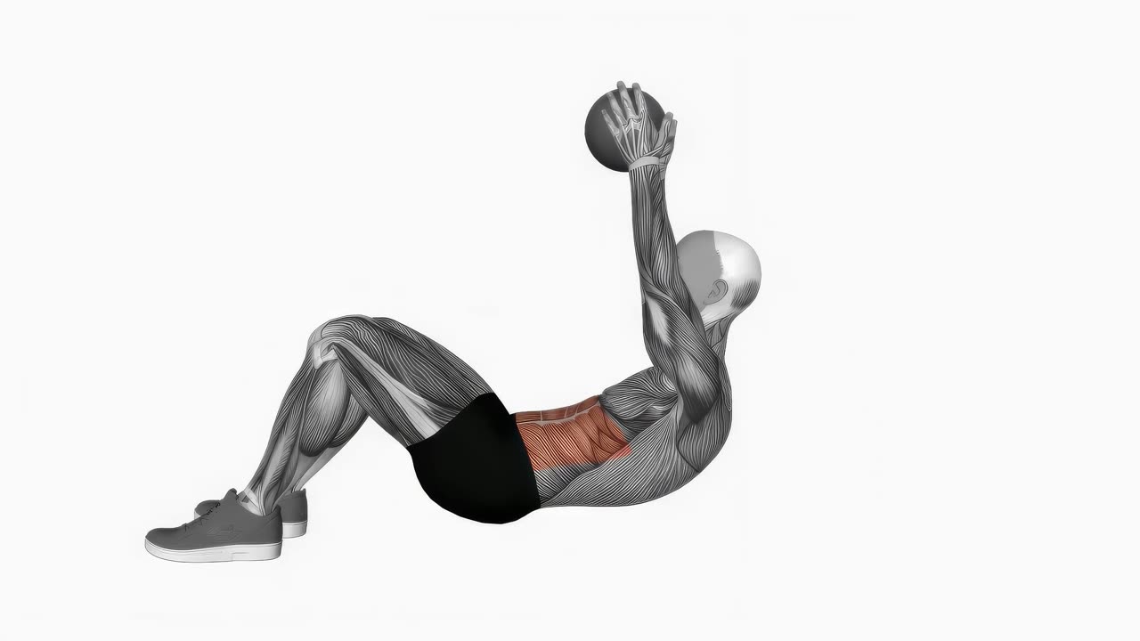 Crunch med medicinboll - slutposition