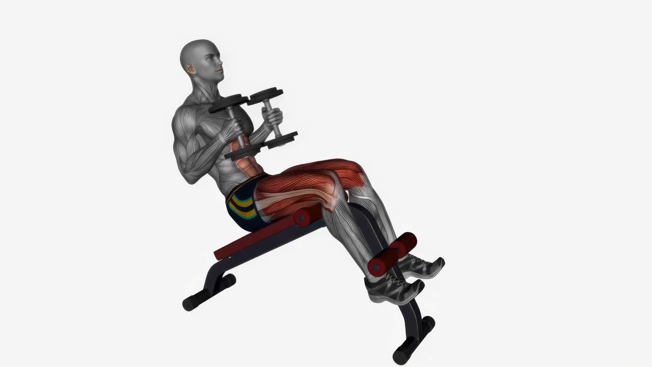 Sit-up med hantlar på bränd bänk - slutposition