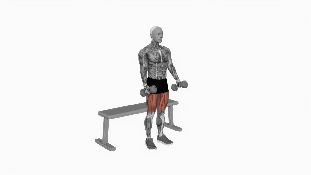 Knäböj mot bänk med hantel - startposition