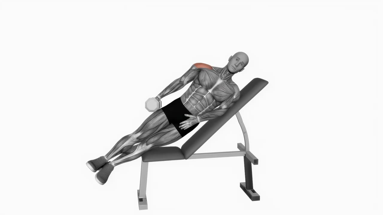 Uppåtlutande enarms sidolyft med hantel - startposition