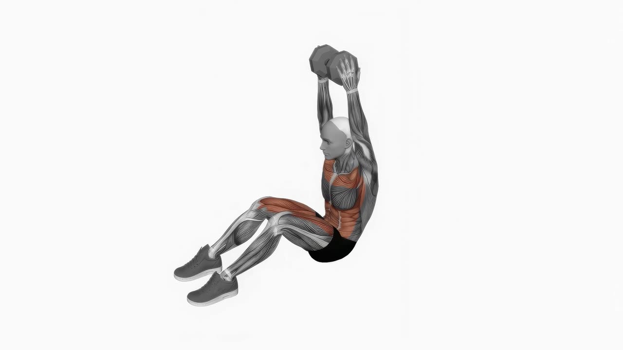 Sit-up med hantel över huvudet - slutposition