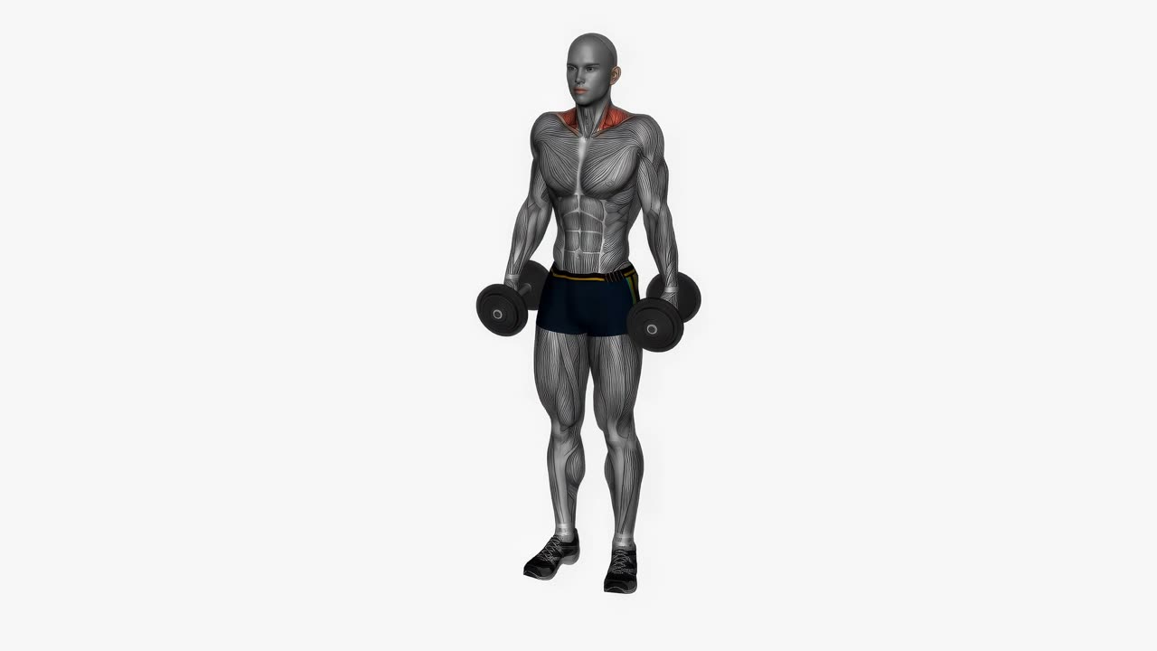 Shrugs med hantel - slutposition