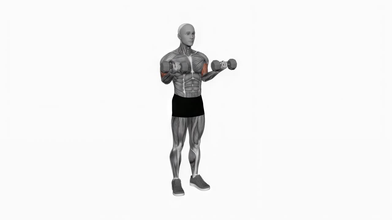 Simultan bicepscurl med hantel - slutposition