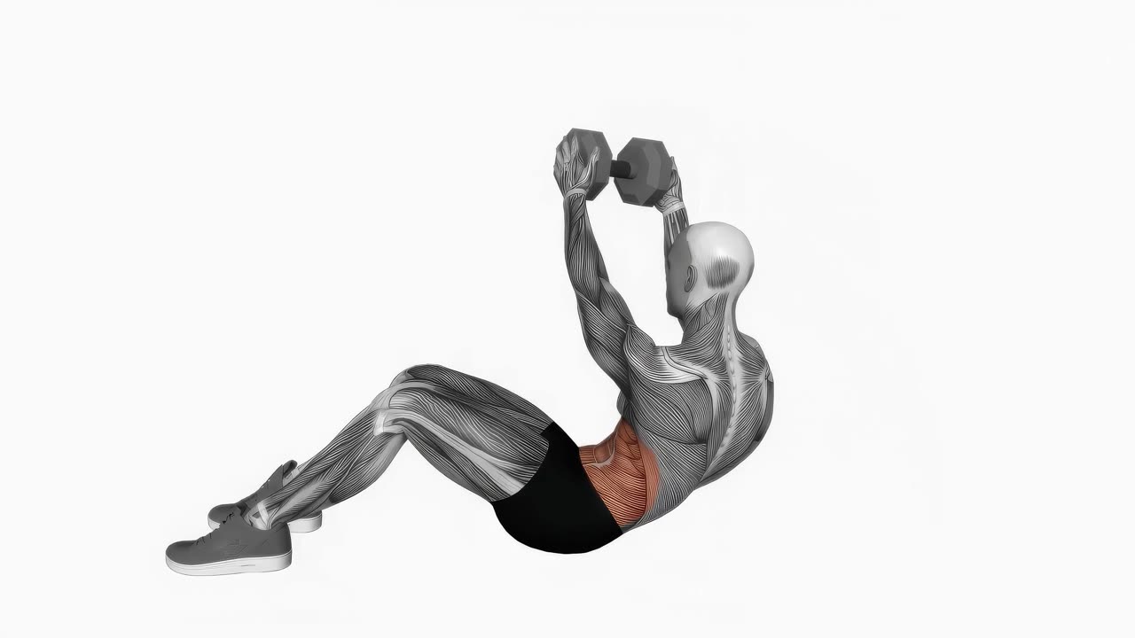 Sit-up med hantel och rotation, raka armar - slutposition