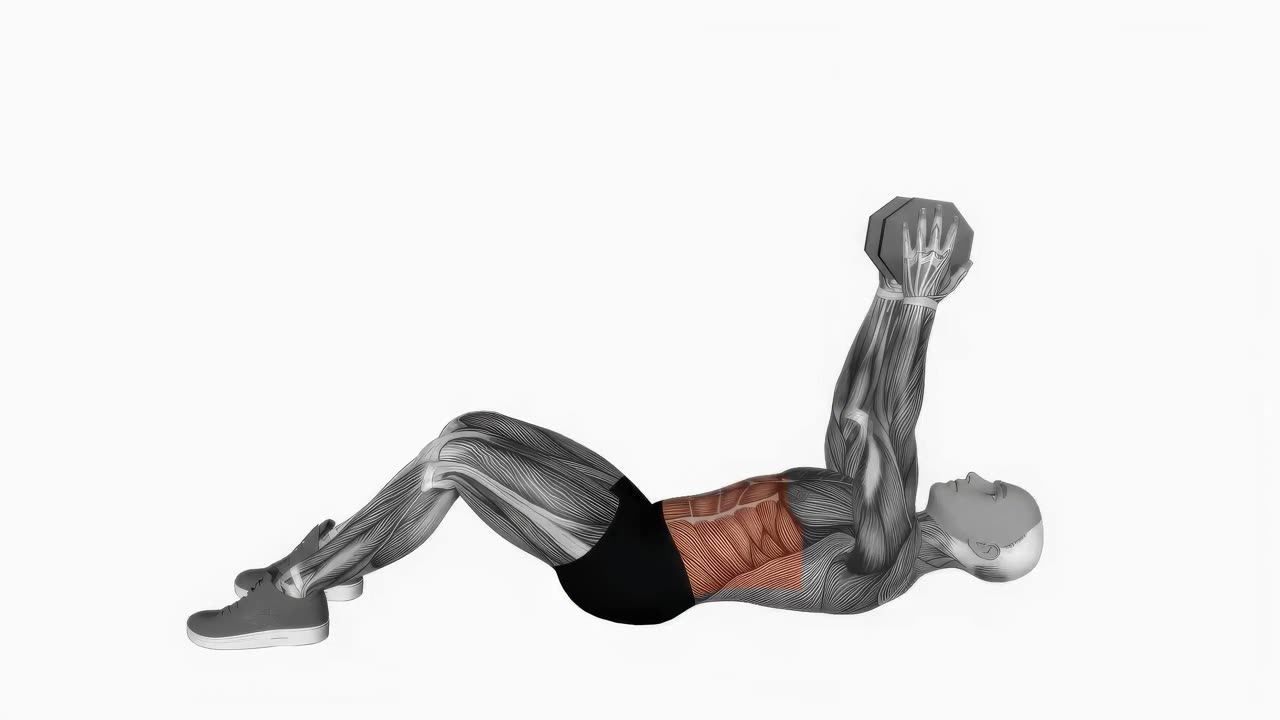 Sit-up med hantel och rotation, raka armar - startposition