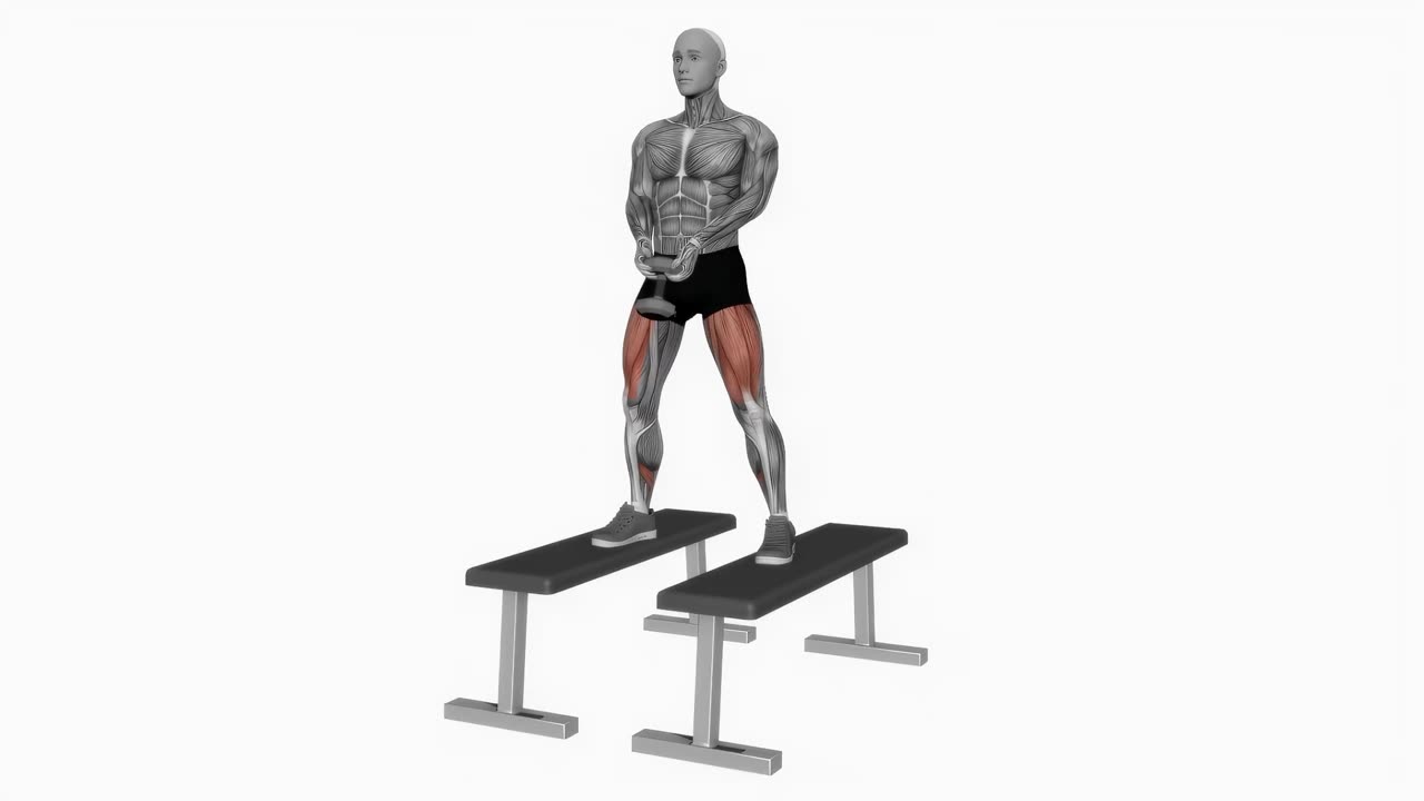 Sumoknäböj med hantel från bänkar - startposition