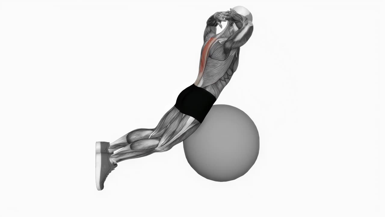 Ryggresning på gymboll med händerna bakom huvudet - slutposition