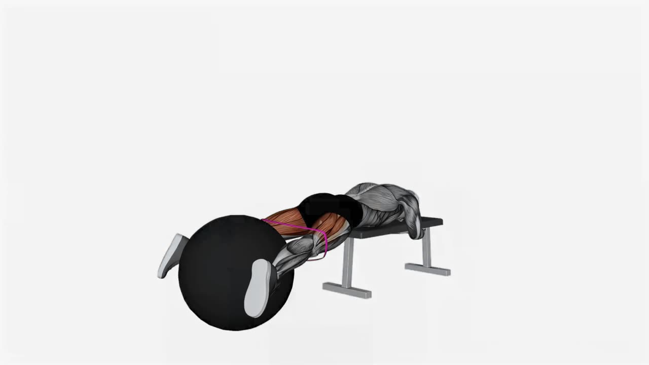 Omvänd ryggresning med motståndsband och pilatesboll på flat bänk - startposition