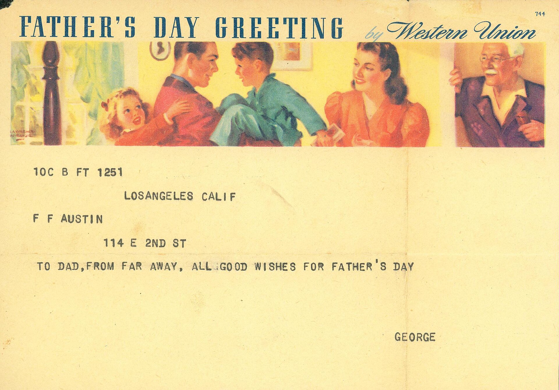 Amerikanskt fars dag-telegram från Western Union med illustrerad familj