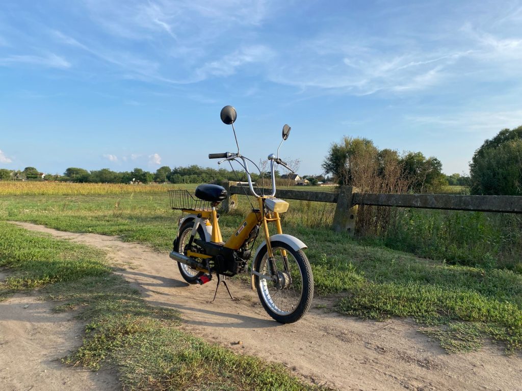Gul äldre moped parkerad på en grusstig vid en hage