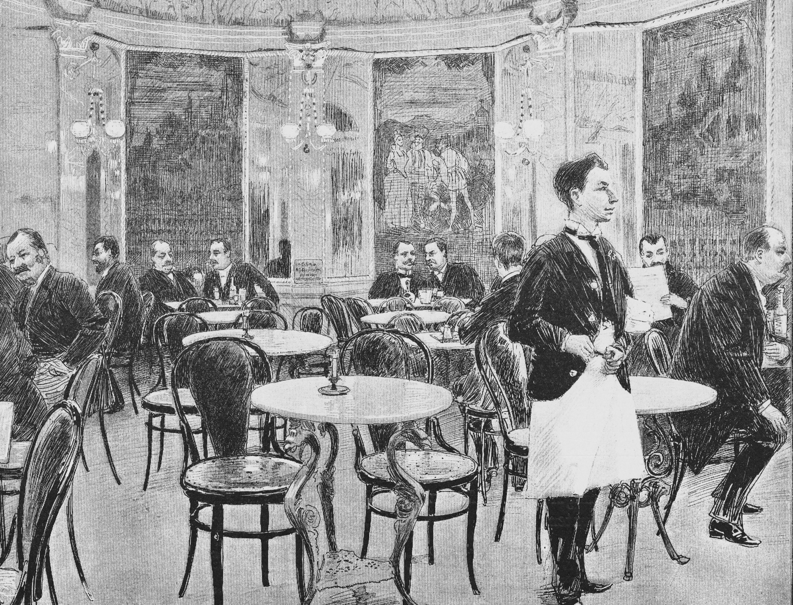 Träsnitt från 1890 av kaféet på Hamburger Börs med runda bord, böjträstolar, speglar och kristallkronor