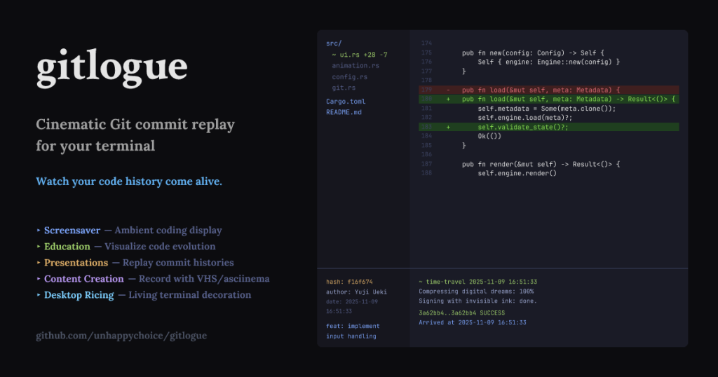 show-hn:-gitlogue-–-a-terminal-tool-that-replays-your-git-commits-with-animation
