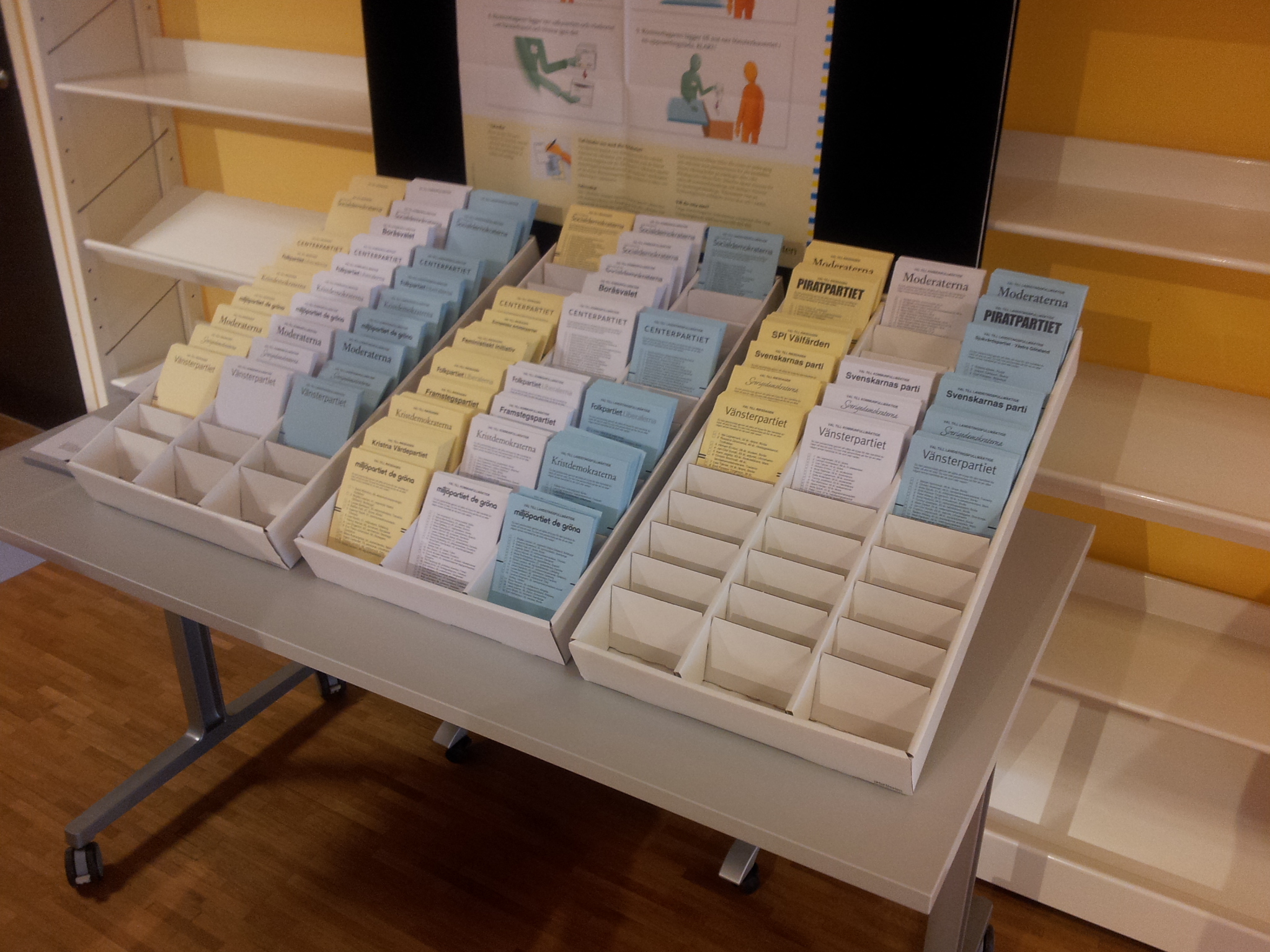 Valsedelsställ med gula, blå och vita valsedlar under förtidsröstning på ett bibliotek