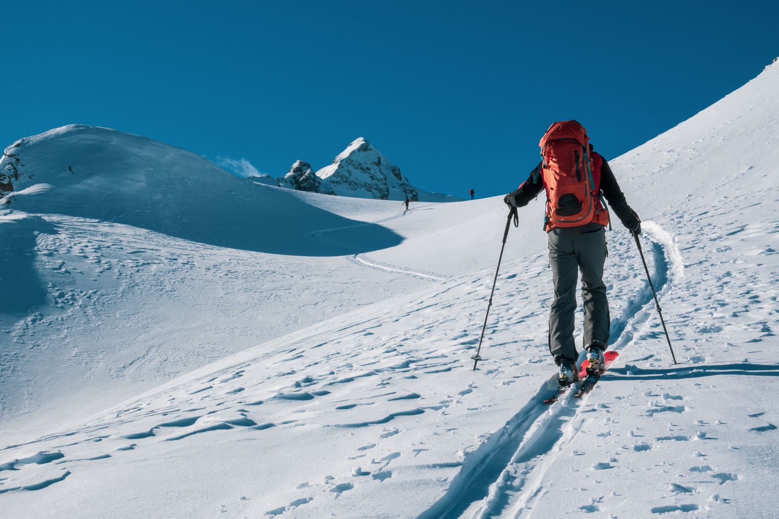 Skidåkare på väg upp för en snöklädd fjällsida. Foto: Alois Lackner via Pexels