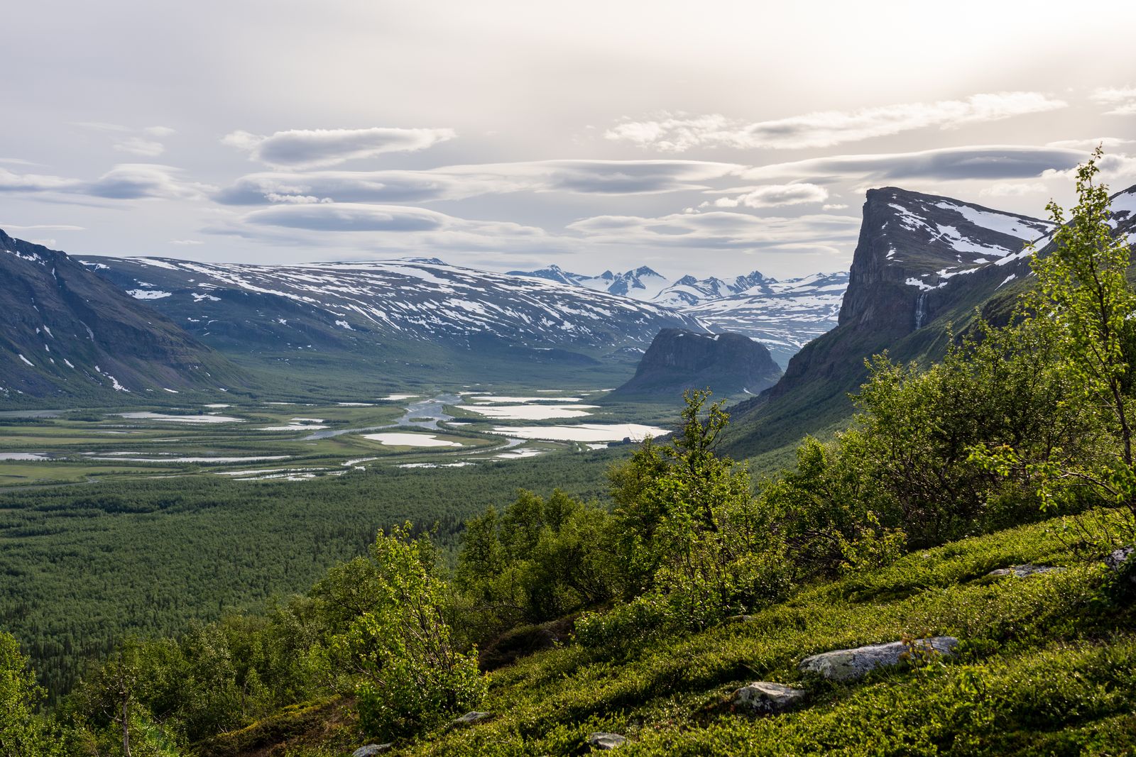 Grön fjälldal med snöklädda toppar och slingrande älv. Foto: Robert Pügner via Pexels