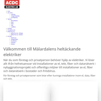 www.acdcelektro.se startsida 2024
