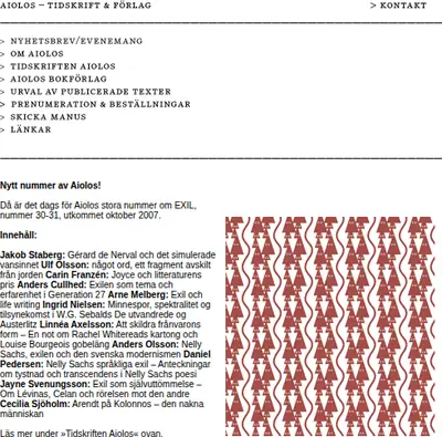 Aiolos - tidskrift för litteratur, teori och estetik startsida 2008