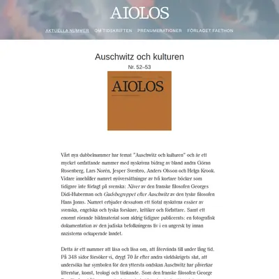 Aiolos - tidskrift för litteratur, teori och estetik startsida 2016