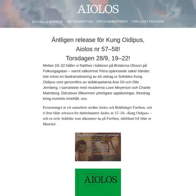 Aiolos - tidskrift för litteratur, teori och estetik startsida 2018