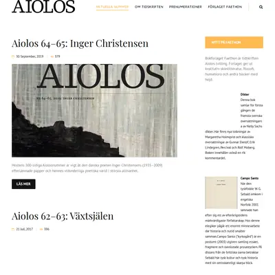 Aiolos - tidskrift för litteratur, teori och estetik startsida 2020