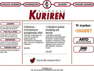 Alingsås-Kuriren med Vårgårda-Kuriren och Sollebrunns-Kuriren startsida 1999