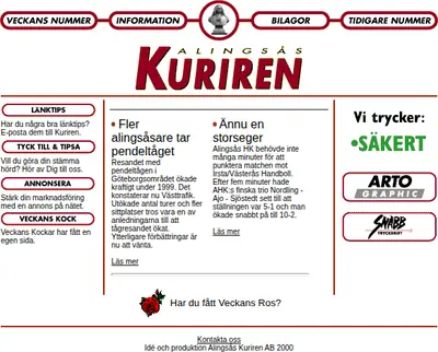 Alingsås-Kuriren med Vårgårda-Kuriren och Sollebrunns-Kuriren startsida 2000