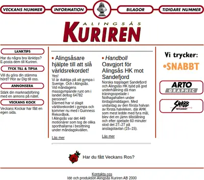 Alingsås-Kuriren med Vårgårda-Kuriren och Sollebrunns-Kuriren startsida 2001