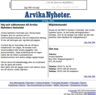 Arvika Nyheter, Västra Värmlands Tidning startsida 2002
