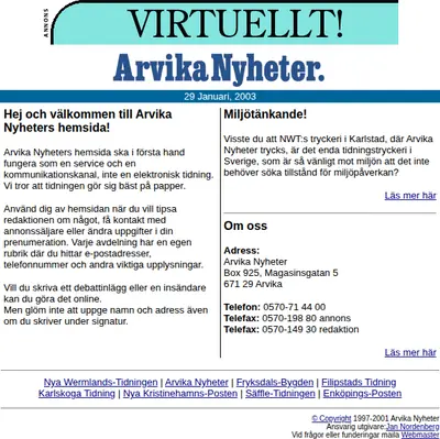 Arvika Nyheter, Västra Värmlands Tidning startsida 2003