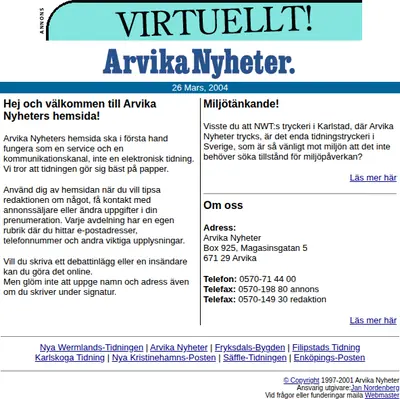 Arvika Nyheter, Västra Värmlands Tidning startsida 2004