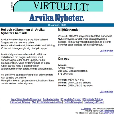 Arvika Nyheter, Västra Värmlands Tidning startsida 2005
