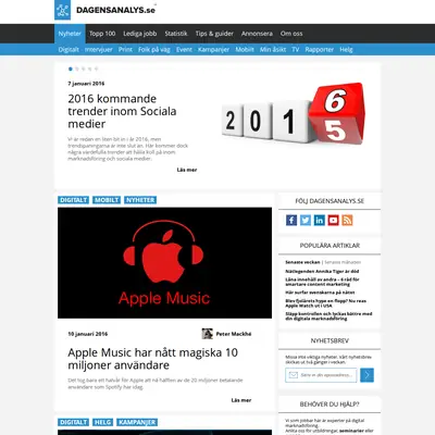 Dagensanalys.se startsida 2016
