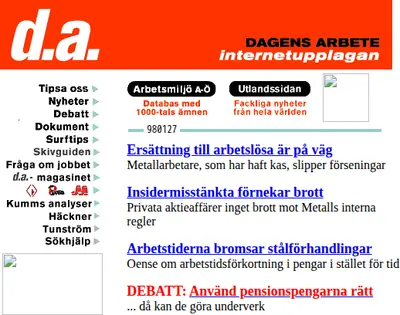 Dagens arbete startsida 1998