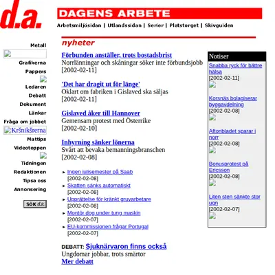 Dagens arbete startsida 2002