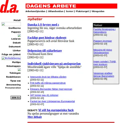 Dagens arbete startsida 2003