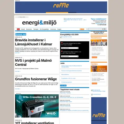 VVS-tidningen Energi & Miljö startsida 2009