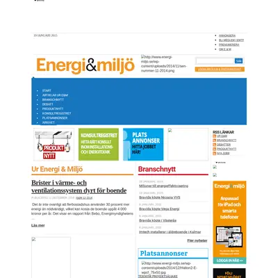 VVS-tidningen Energi & Miljö startsida 2015