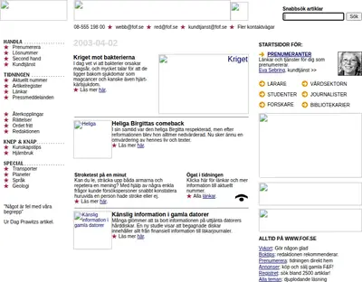 Forskning och Framsteg startsida 2003