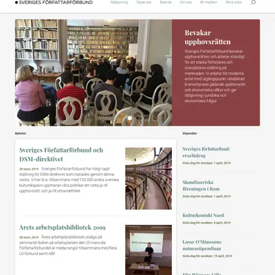 Sveriges Författarförbund, forfattarforbundet.se startsida 2019