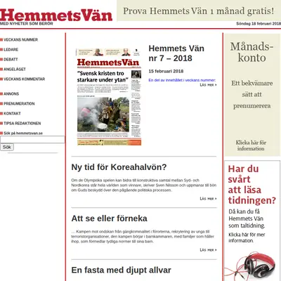 Hemmets Vän startsida 2018