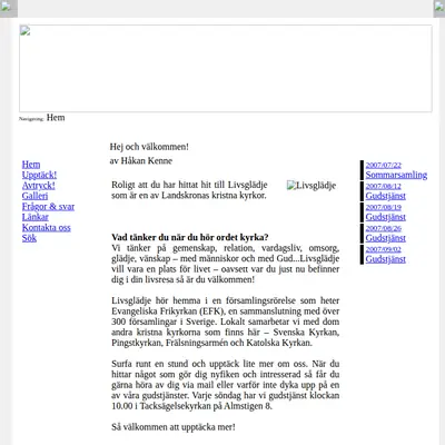 Gudstjänst Livsglädje Landskrona startsida 2007