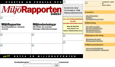 www.miljorapporten.se startsida 2001