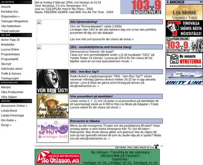 Radio Active Sjöbo 107,8 startsida 2004