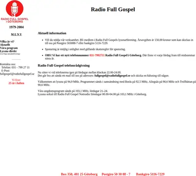 Radio Full Gospel i Göteborg startsida 2005