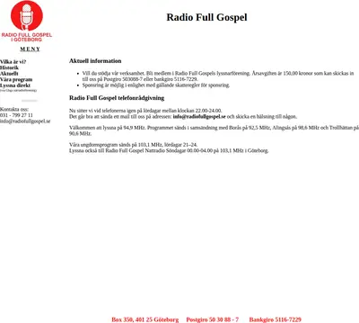 Radio Full Gospel i Göteborg startsida 2007
