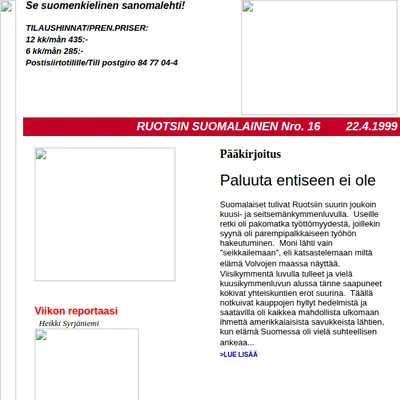 Ruotsin Suomalainen startsida 1999