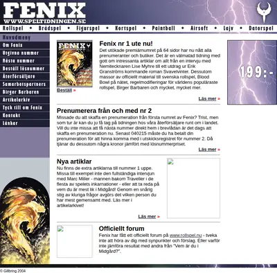 Fenix - speltidning startsida 2004
