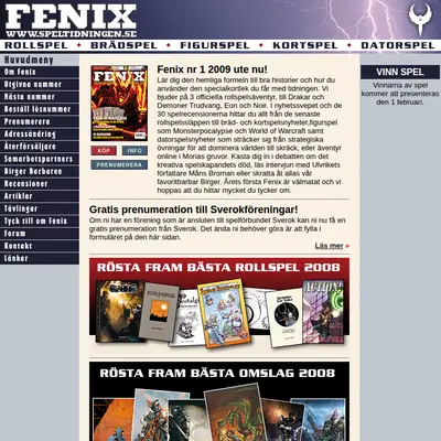 Fenix - speltidning startsida 2009