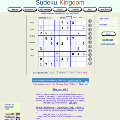 Sudoku King startsida 2013