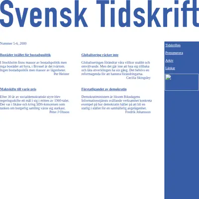 Svensk Tidskrift, svensktidskrift.se startsida 2001